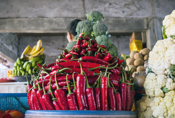 Red hot chili pepper on display in the market
