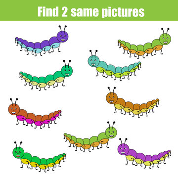 Find the same pictures children educational game with caterpillar