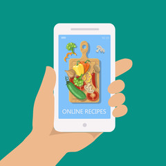 Online recipe vector on mobile phone in flat style