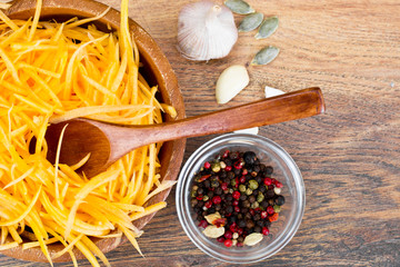 Pumpkin salad, salt, sugar, onion, garlic, vegetable oil, balsam