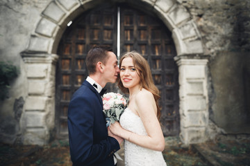 Happy wedding couple hugging and smiling each other on background old castle