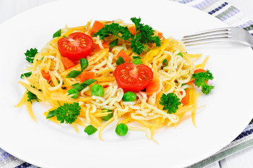 Warm Salad of Pasta with Pumpkin, Carrots, Peas and Cherry Tomat