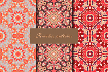 Set with three seamless patterns. Decorative vintage patterns with mandalas. Vector backgrounds