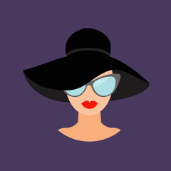 Woman in black hat and sun glasses Avatar people icon collection Cute cartoon character Beautiful face red lips Female head sunglasses Women wearing eyeglasses Flat Violet background. Isolated.