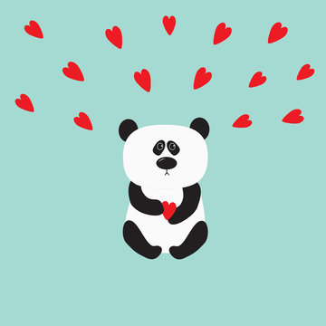 Panda baby bear. Cute cartoon character holding red heart. Wild animal collection for kids. Blue background. Love card. Flat design.