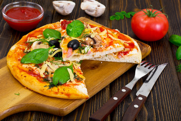 Pizza with Mushroom, Cheese, Mozzarella, Olives and Basil