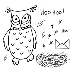 Cute cartoon wise owl with mail, nest, footprints