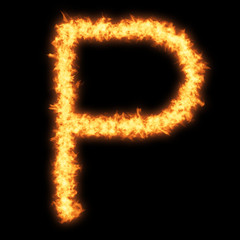 Capital letter P with fire on black background- Helvetica font based