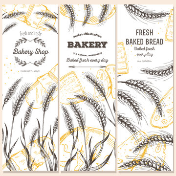 Hand drawn bread vertical banners. Banner set. Vector illustration in sketch style.
