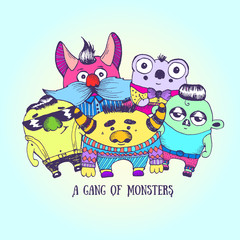 Cute character monsters drawn in ink. Vector illustration. Sketch .