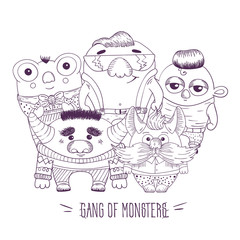 Cute character monsters drawn in ink. Vector illustration. Sketch .