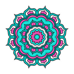 Vector mandala. Hand drawn tribal mandala with doodle ornament. Ethnic Indian mascot. Flower mandala amulet. Pink, white and green colors. Isolated.