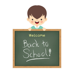 Vector illustration of little cute boy and blackboard written "Welcome back to school". Isolated cartoon character. © TinyDoz