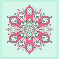Vector mandala. Hand drawn tribal mandala with doodle ornament. Ethnic Indian mascot. Flower mandala amulet. Yellow, white, pink and green colors. On green background.