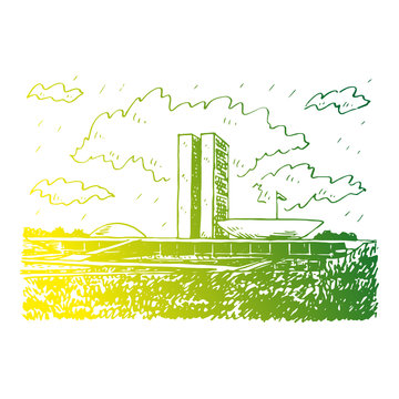 National Congress Palace in Brasi­lia, Federal District, Brazil. Freehand drawn sketch. Vector illustration