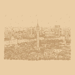 Obraz premium Cairo Tower in Egypt with the Nile River view. Hand drawn sketch. Vector illustration