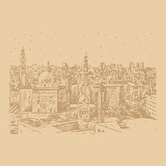 View of the Mosques of Sultan Hassan and Al-Rifai in Cairo, Egypt. Hand drawn sketch. Vector illustration