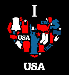I love America. Sign heart of USA traditional folk characters. M