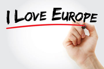 Hand writing I Love Europe with marker, concept background