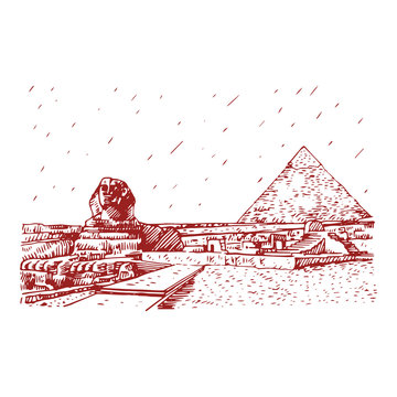 The Great Sphinx and pyramid in Giza, Cairo, Egypt. Hand drawn sketch. Vector illustration