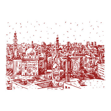 recommend clip art: View of the Mosques of Sultan Hassan and Al-Rifai in Cairo, Egypt. Hand drawn sketch. Vector illustration