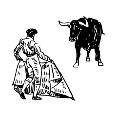 Corrida, bullfighting in Spain. A bullfighter awaiting for the bull. Hand drawn pencil sketch. Vector illustration