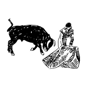 recommend clip art: Corrida, bullfighting in Spain. A bullfighter awaiting for the bull. Hand drawn pencil sketch. Vector illustration