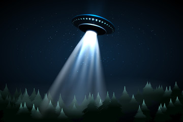 Flying UFO over night forest vector illustration © vectortatu