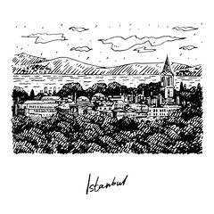 View of Topkapi Palace, Istanbul, Turkey. Vector freehand pencil sketch.
