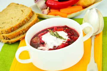 Healthy and Diet Food: Soup with Beetroot and Dumplings