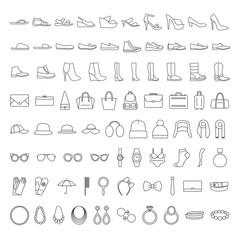 Shoes and accessories line icons. Icons set: shoes, bags, hats, jewelry, glasses