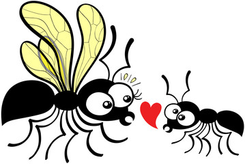 Lovely couple of ants composed by a queen and a worker which dares to declare its love by showing a red heart while feeling shy and nervous. The queen can not hide its surprise and feels disconcerted