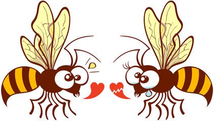 Cute couple of bees flying, staring at each other and expressing their different points of view about love by showing a healthy heart and a broken one