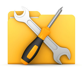 Yellow folder with wrench and screwdriver. Computer service. iso