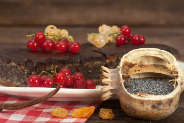 Poppy seed cake with raisins and red and white currants