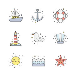 Fototapeta na wymiar Summer, sea and beach multicolored icon set. Summer time. Clean and simple outline design.