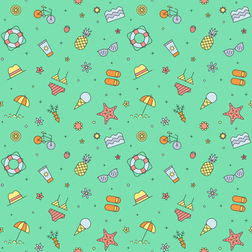 Summer beach multicolored seamless pattern (green). Summer time. Clean and simple outline design.