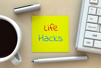 Life Hacks, message on note paper, computer and coffee on table, 3D rendering © krung99