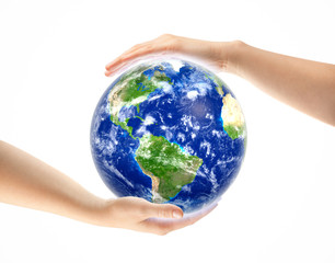 Hands around Earth globe isolated on white. Elements of this image furnished by NASA.