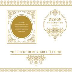 Set of line art frames and borders for design template. Element in Eastern style. Outline floral frames. Mono line decor for invitations, greeting cards, certificate. Vector illustration