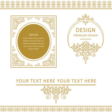 Set of line art frames and borders for design template. Element in Eastern style. Outline floral frames. Mono line decor for invitations, greeting cards, certificate. Vector illustration