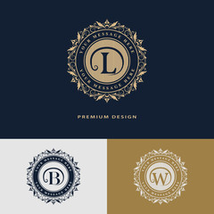 Luxury Logo template flourishes calligraphic elegant ornament lines. Letter L, B, W. Business sign, identity for Restaurant, Royalty, Boutique, Hotel, Heraldic, Jewelry, Fashion. Vector illustration