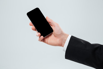 Hand of businessman holding blank screen mobile phone