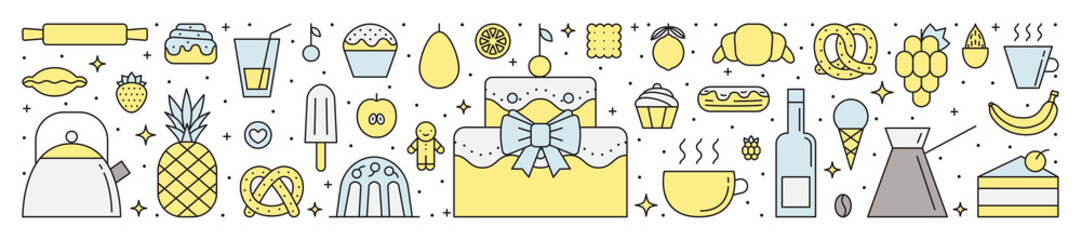 Crockery and cooking (sweets, pastries and beverages) multicolored horizontal illustration. Clean and simple outline design. Part two.