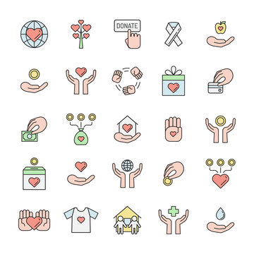 Donations and charity multicolored outline icon set. Clean and simple outline design.