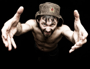 Dark portrait of scary evil sinister bearded man with smirk, makes various hand's signs and...