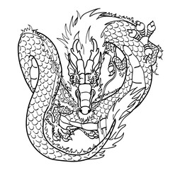 Flying Asian dragon black contour on white