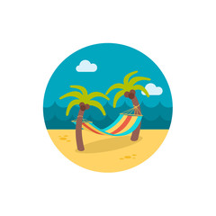 Fototapeta na wymiar Hammock with palm trees on beach icon. Vacation