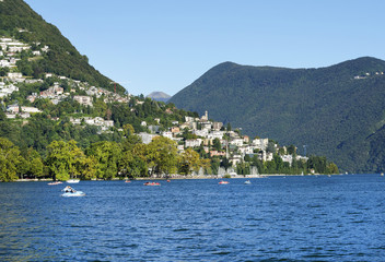 Fototapeta premium View of Lake and city of Lugano, in the Swiss Italian Alps. Switzerland, sept. 2015