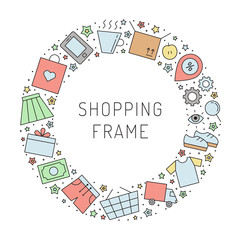 Shopping multicolored circle frame illustration (background). Clean and simple outline design. Part two.